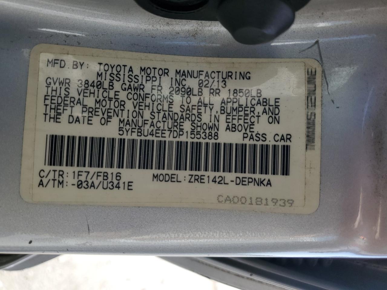 5YFBU4EE7DP155388 2013 Toyota Corolla Base