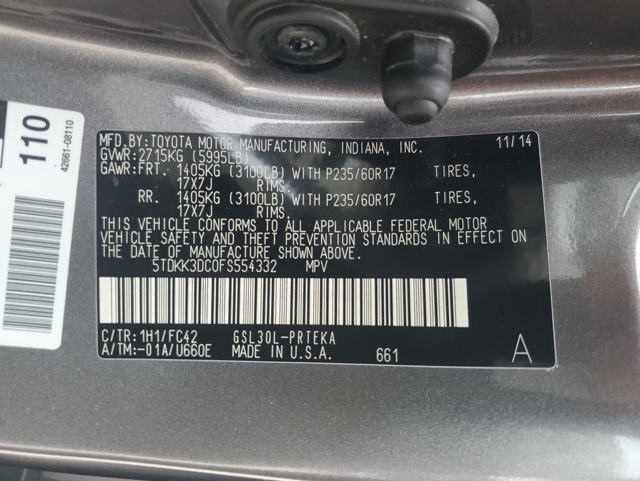 5TDKK3DC0FS554332 2015 Toyota Sienna Le