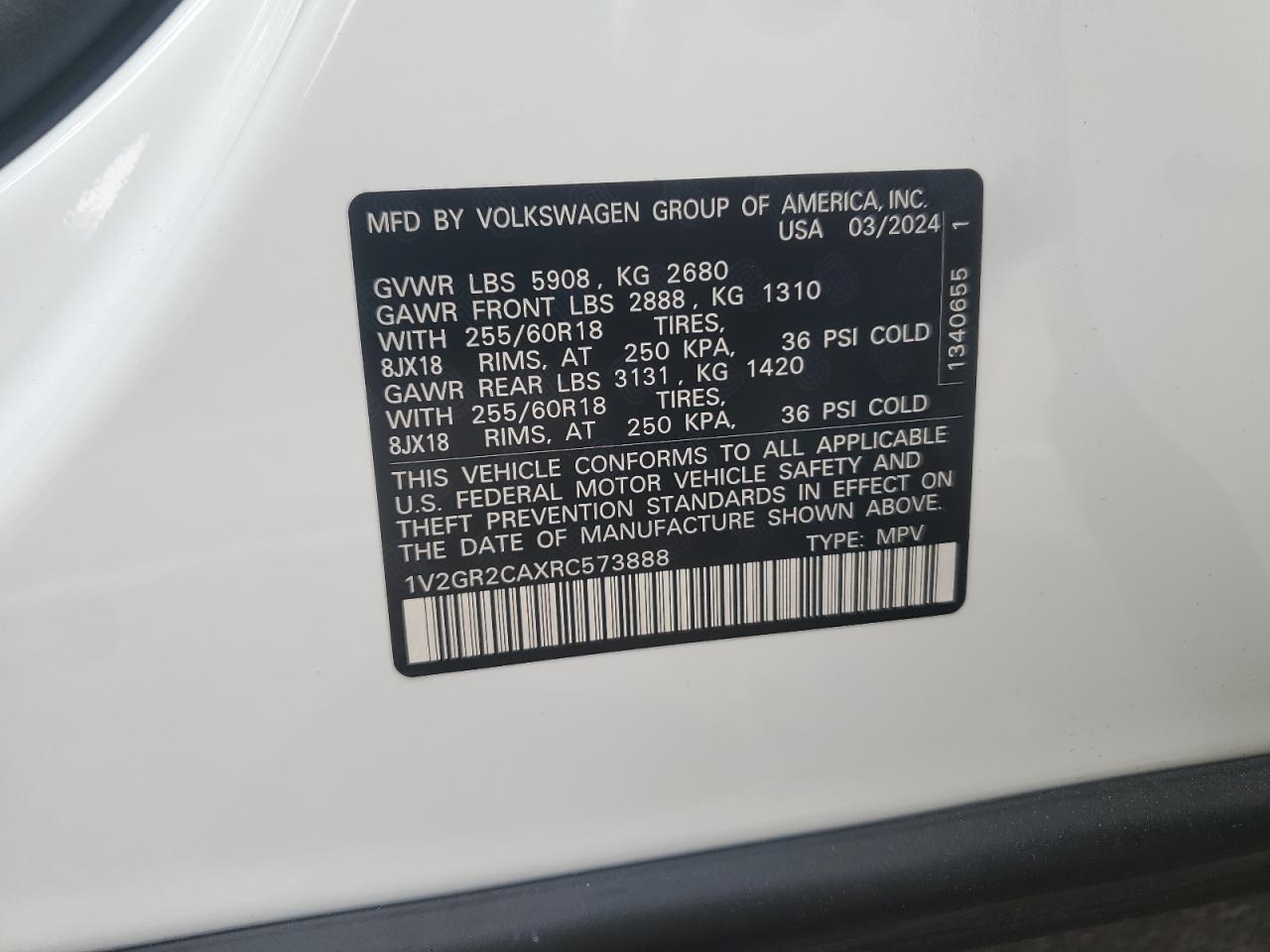 2024 Volkswagen Atlas Peak Edition Sel VIN: 1V2GR2CAXRC573888 Lot: 67709534