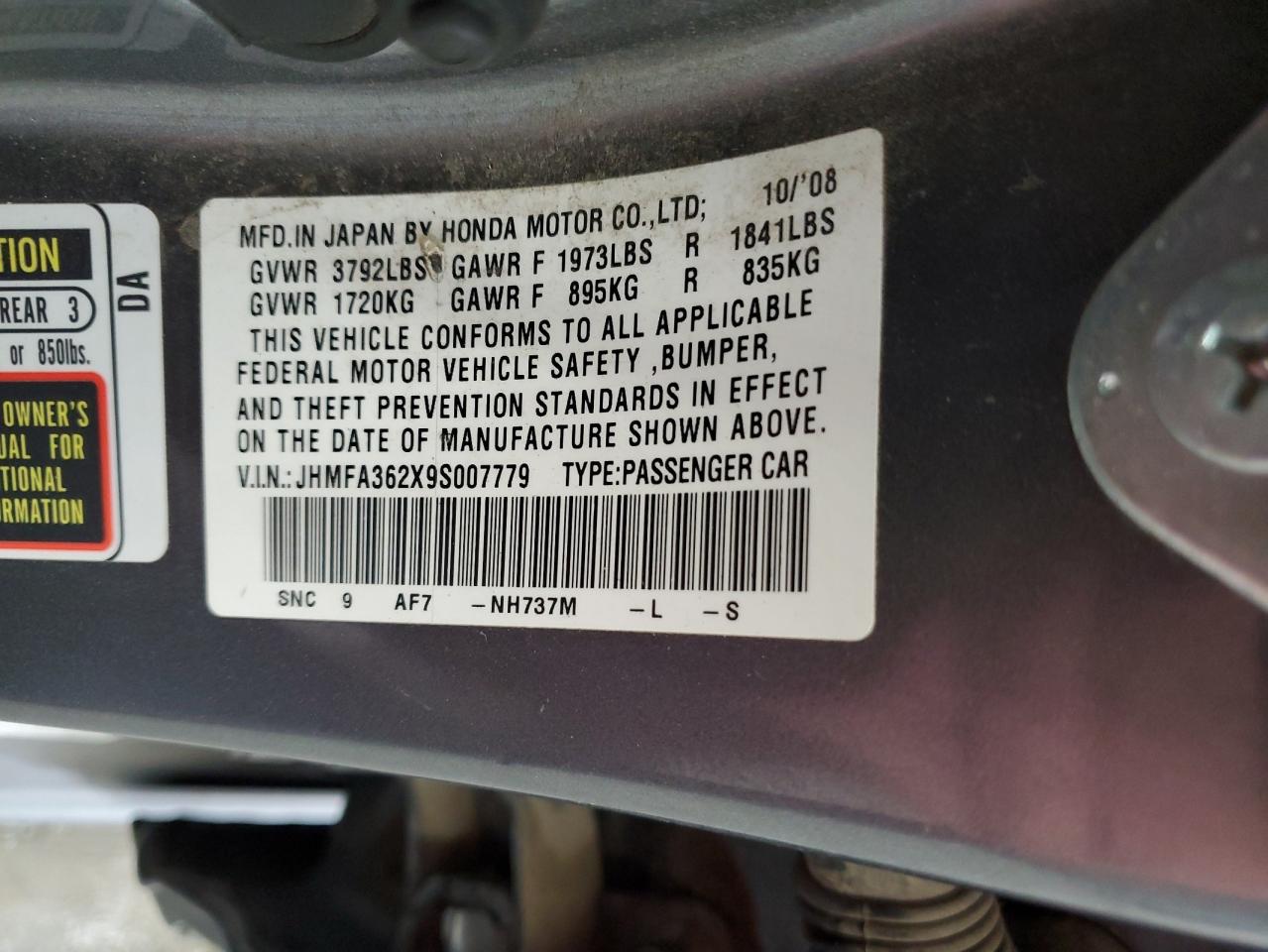 JHMFA362X9S007779 2009 Honda Civic Hybrid