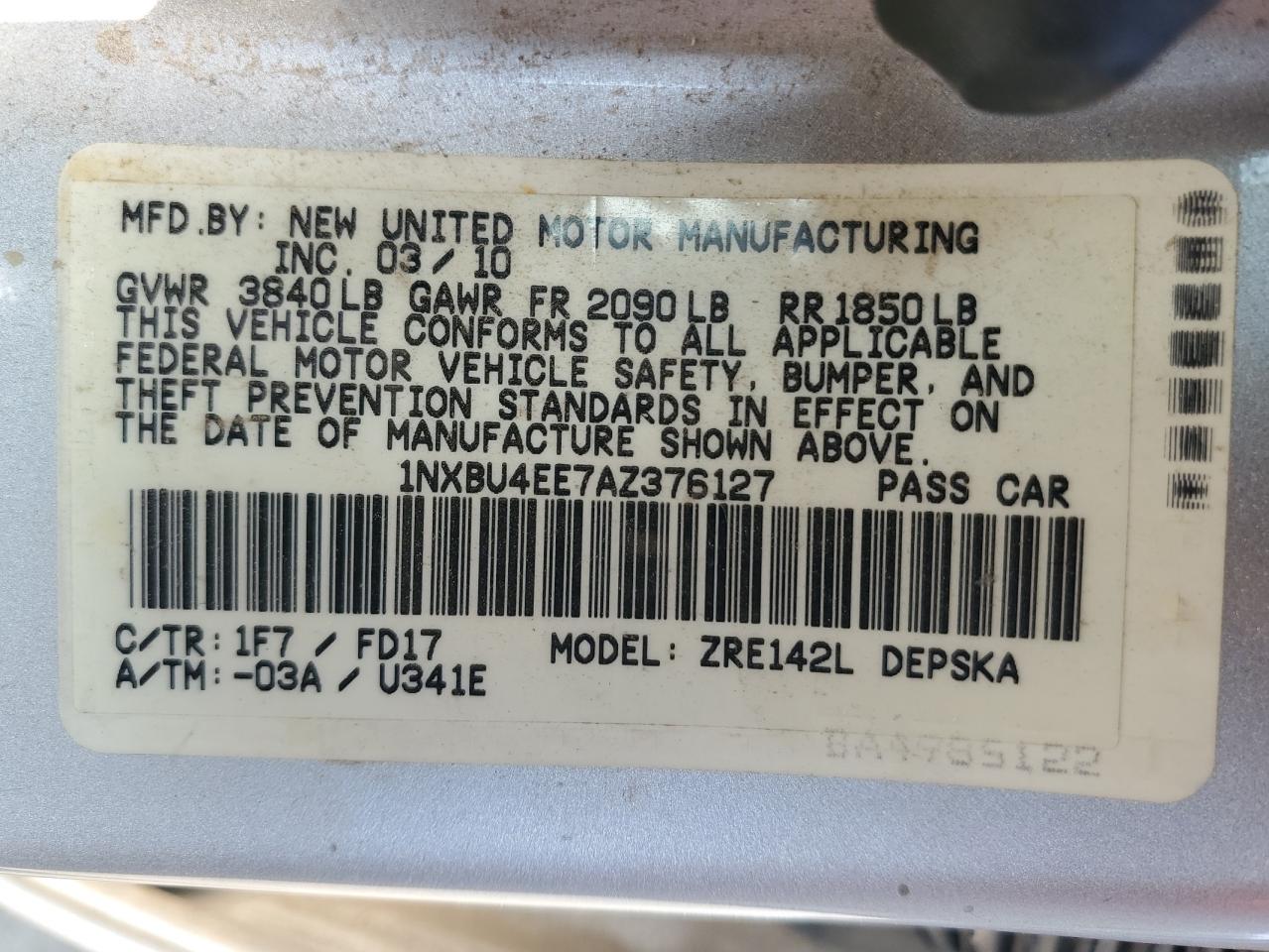 1NXBU4EE7AZ376127 2010 Toyota Corolla Base