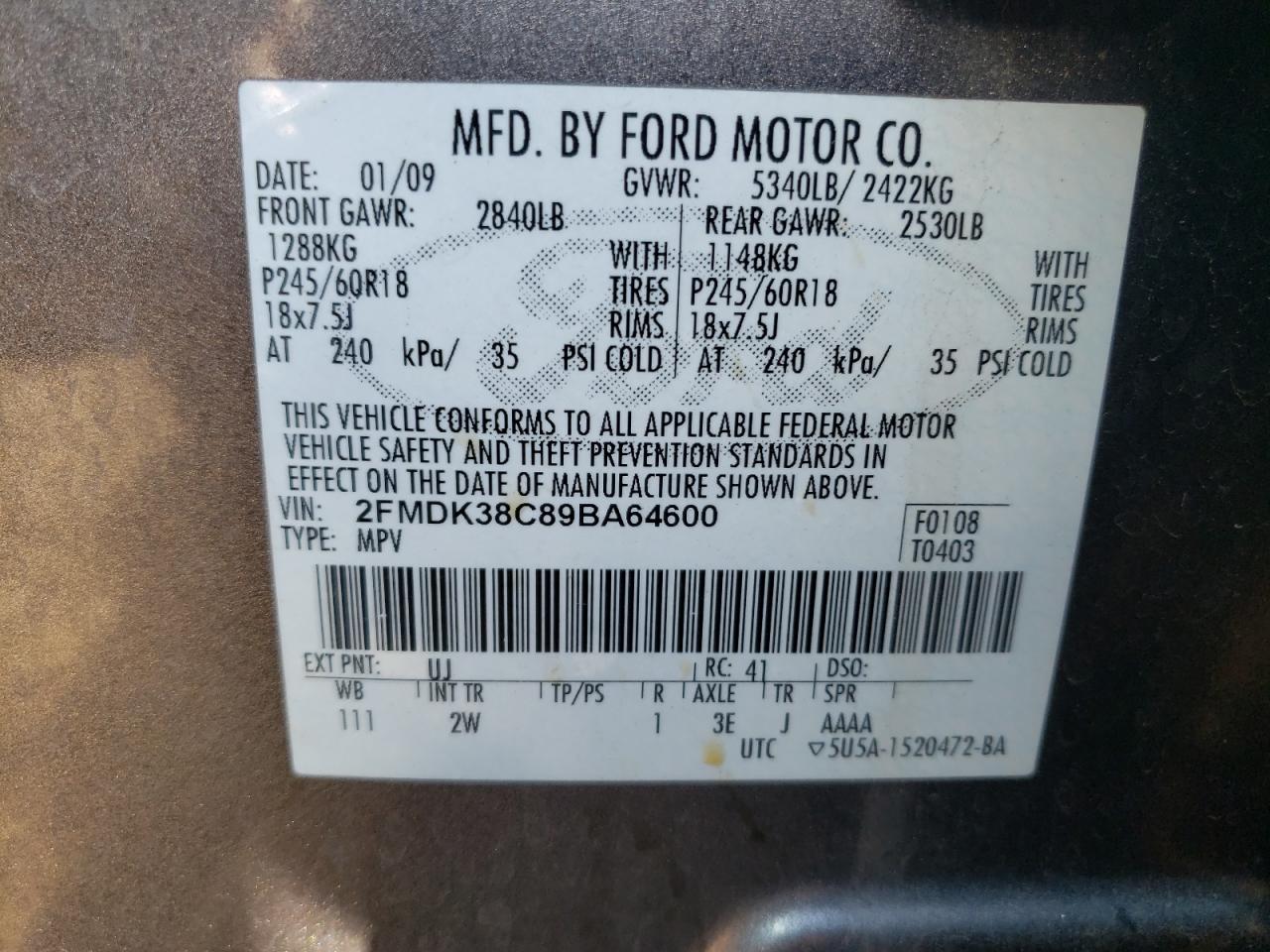 2009 Ford Edge Sel VIN: 2FMDK38C89BA64600 Lot: 73173894