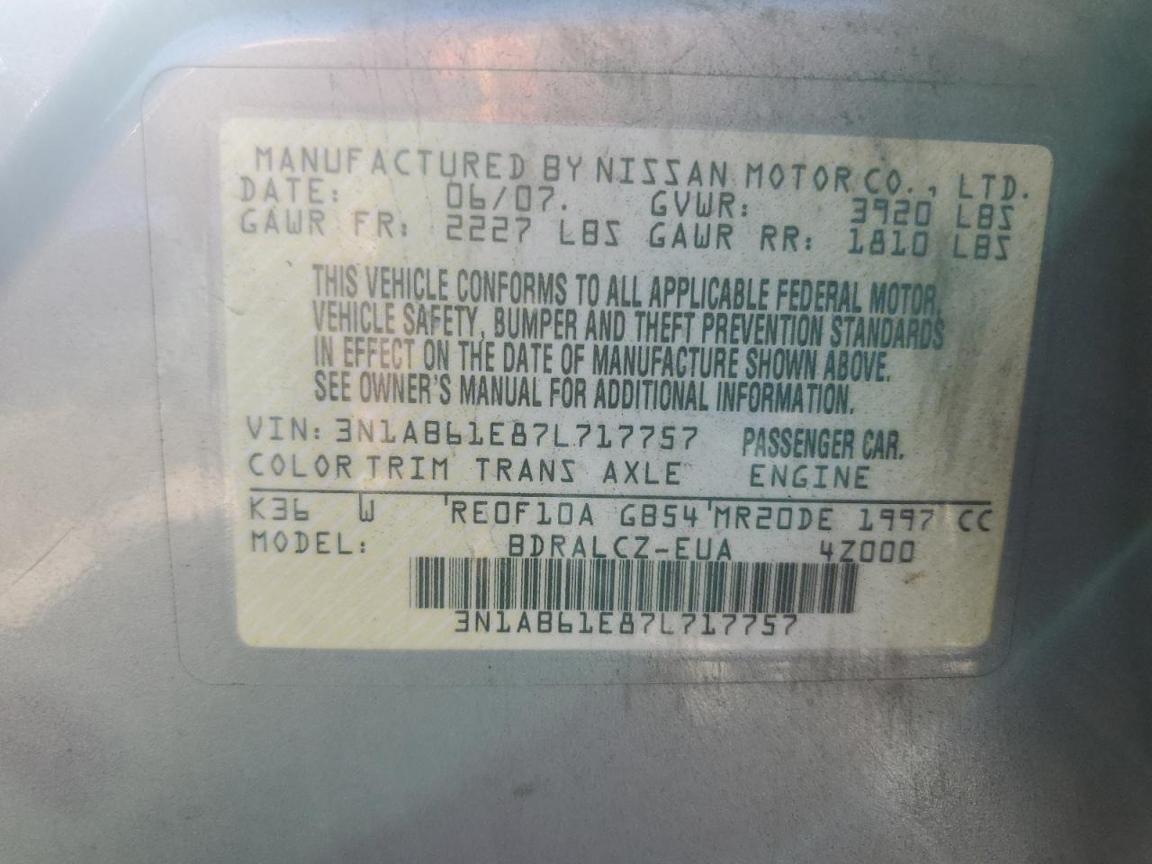 3N1AB61E87L717757 2007 Nissan Sentra 2.0