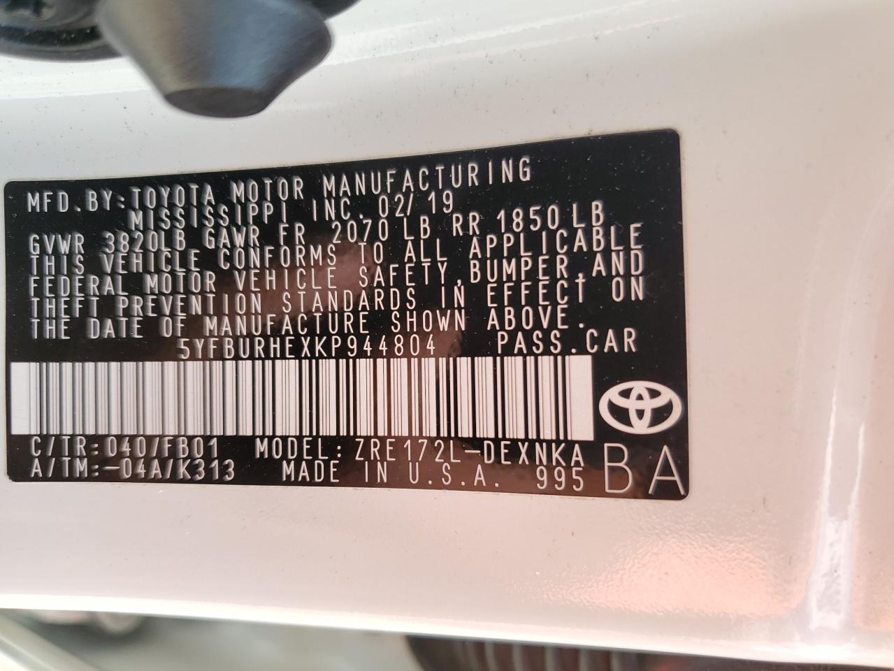 2019 Toyota Corolla L VIN: 5YFBURHEXKP944804 Lot: 72585384