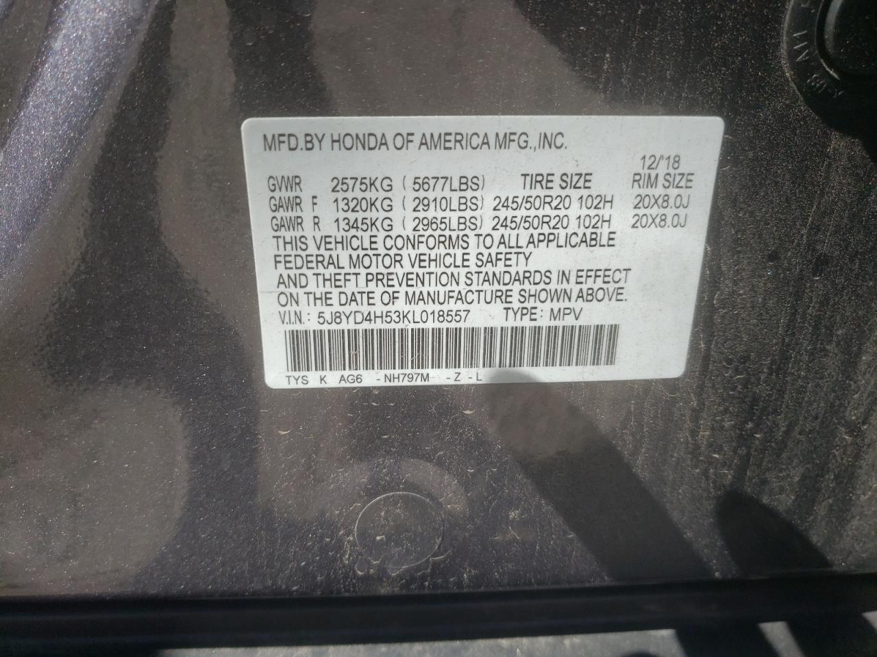 5J8YD4H53KL018557 2019 Acura Mdx Technology