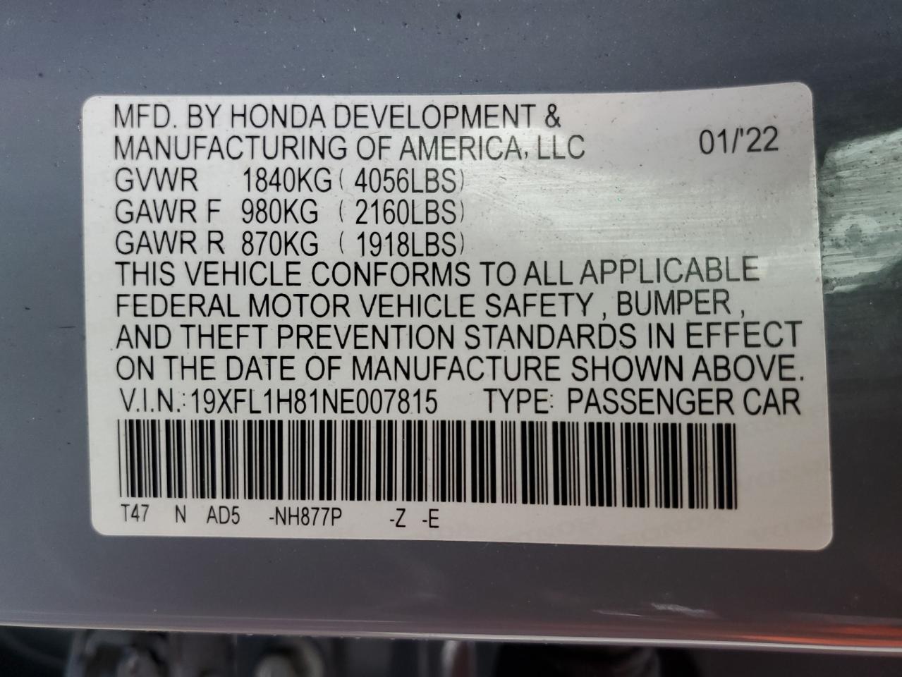 19XFL1H81NE007815 2022 HONDA CIVIC - Image 12