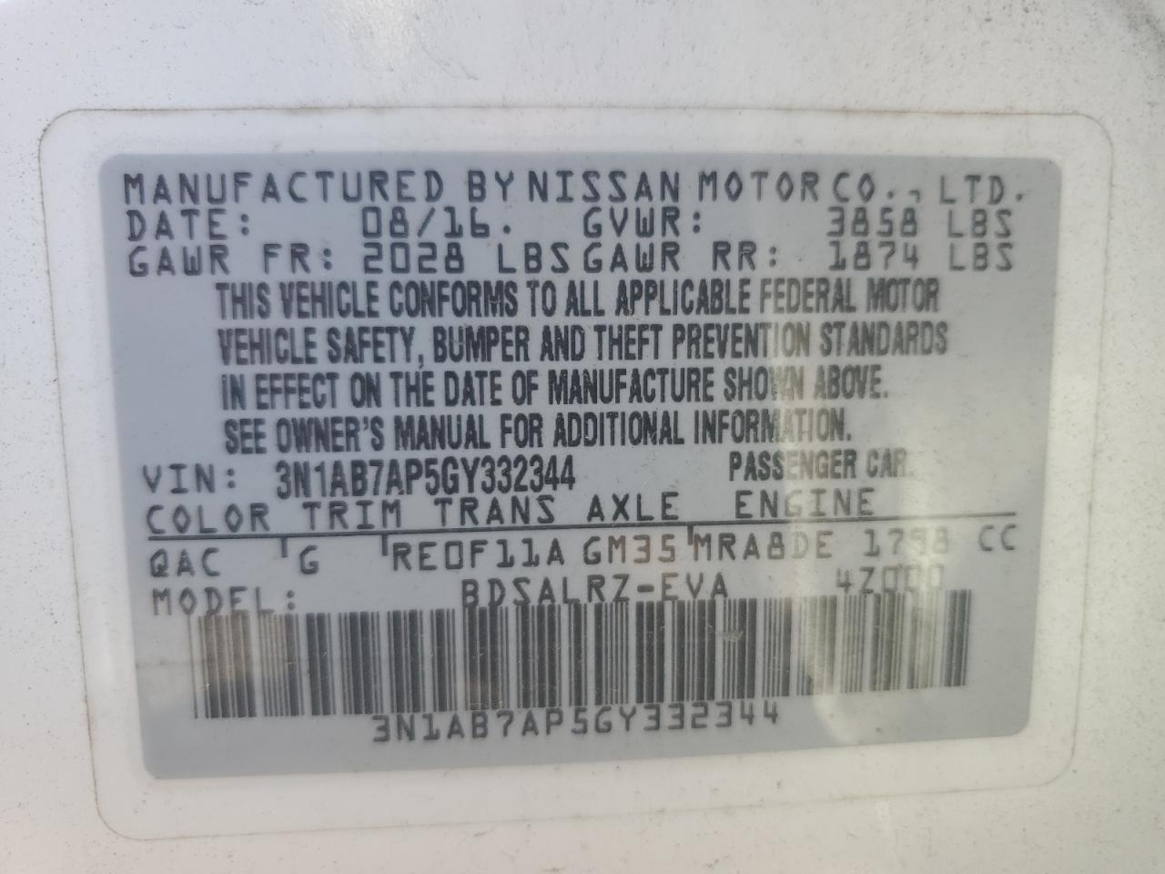 2016 Nissan Sentra S VIN: 3N1AB7AP5GY332344 Lot: 73358124