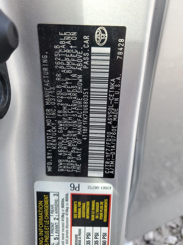 2013 Toyota Camry L VIN: 4T1BF1FK7DU680351 Lot: 72743554