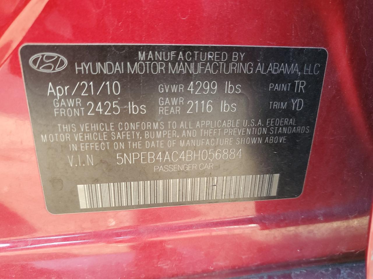 5NPEB4AC4BH056884 2011 Hyundai Sonata Gls