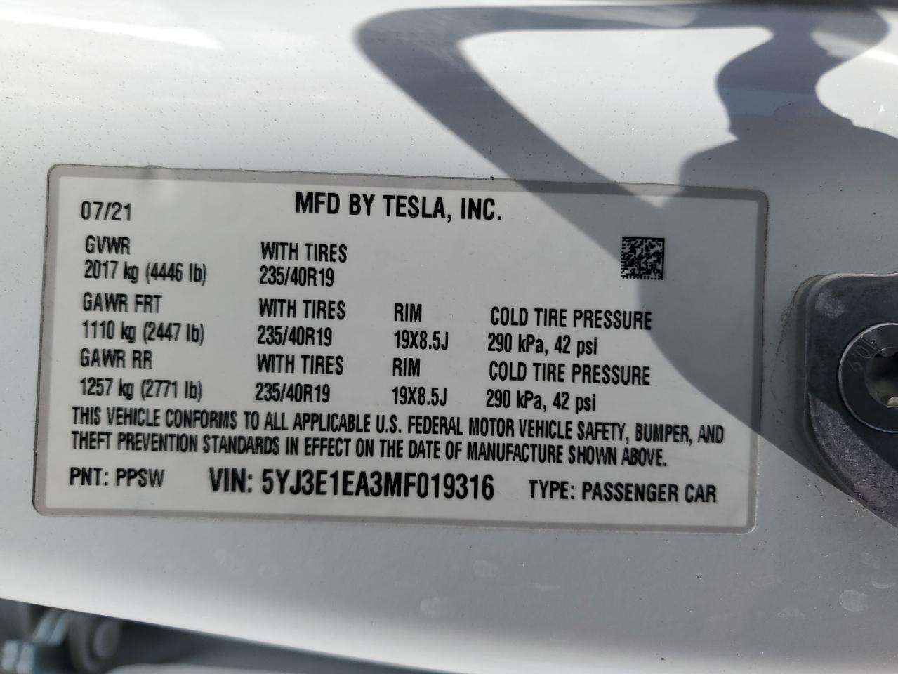 5YJ3E1EA3MF019316 2021 Tesla Model 3