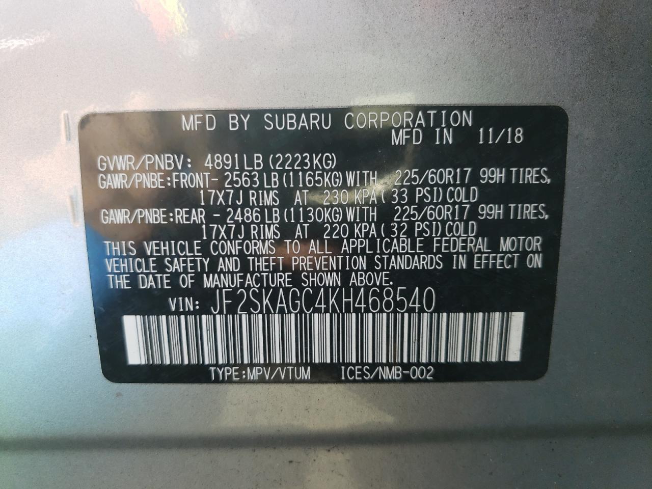 2019 Subaru Forester Premium VIN: JF2SKAGC4KH468540 Lot: 71198294