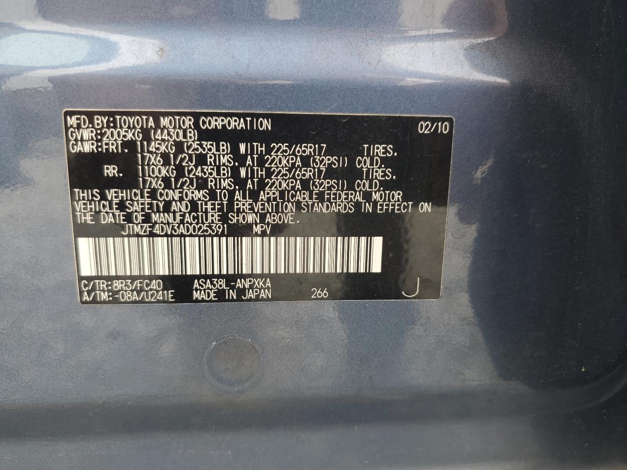 2010 Toyota Rav4 VIN: JTMZF4DV3AD025391 Lot: 72003694