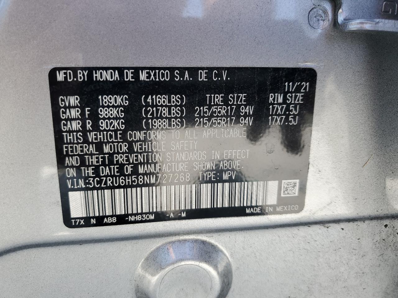 3CZRU6H58NM727268 2022 Honda Hr-V Ex