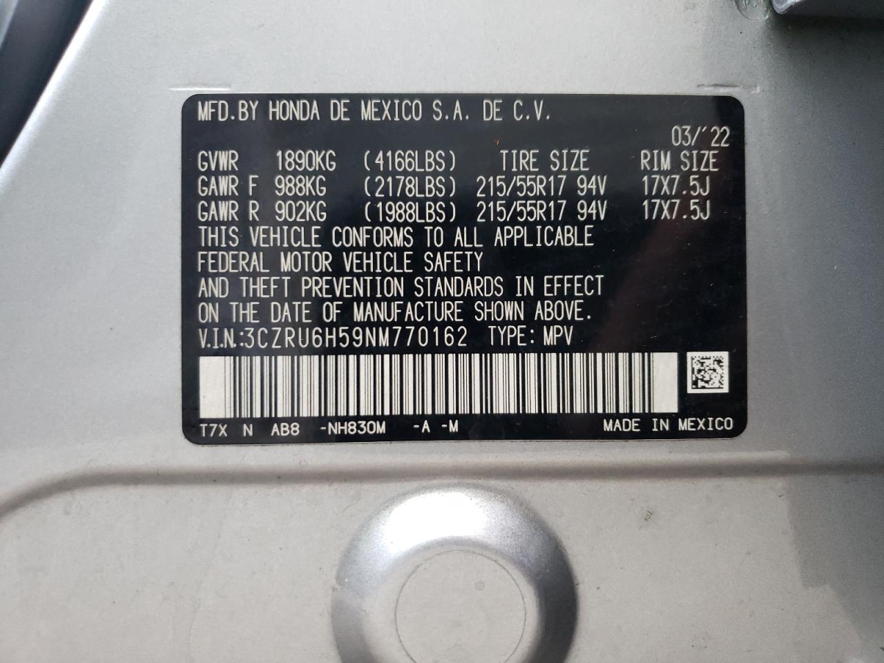 3CZRU6H59NM770162 2022 Honda Hr-V Ex