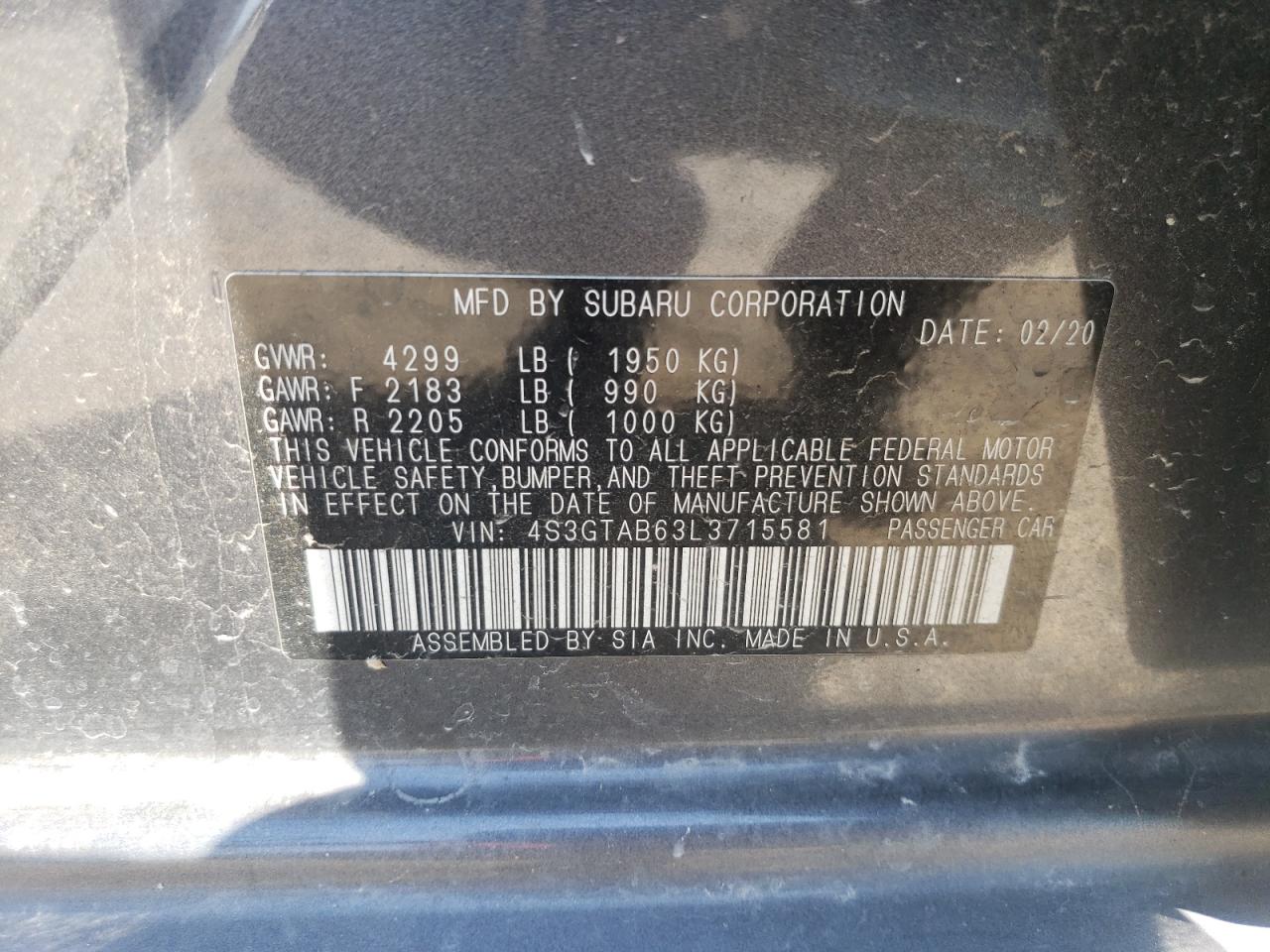 4S3GTAB63L3715581 2020 Subaru Impreza