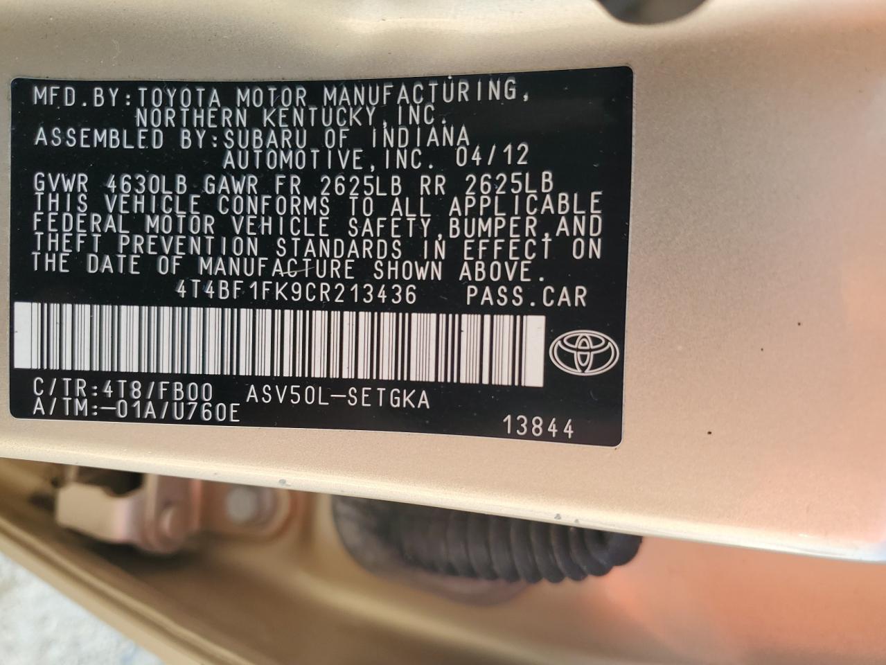 4T4BF1FK9CR213436 2012 Toyota Camry Base