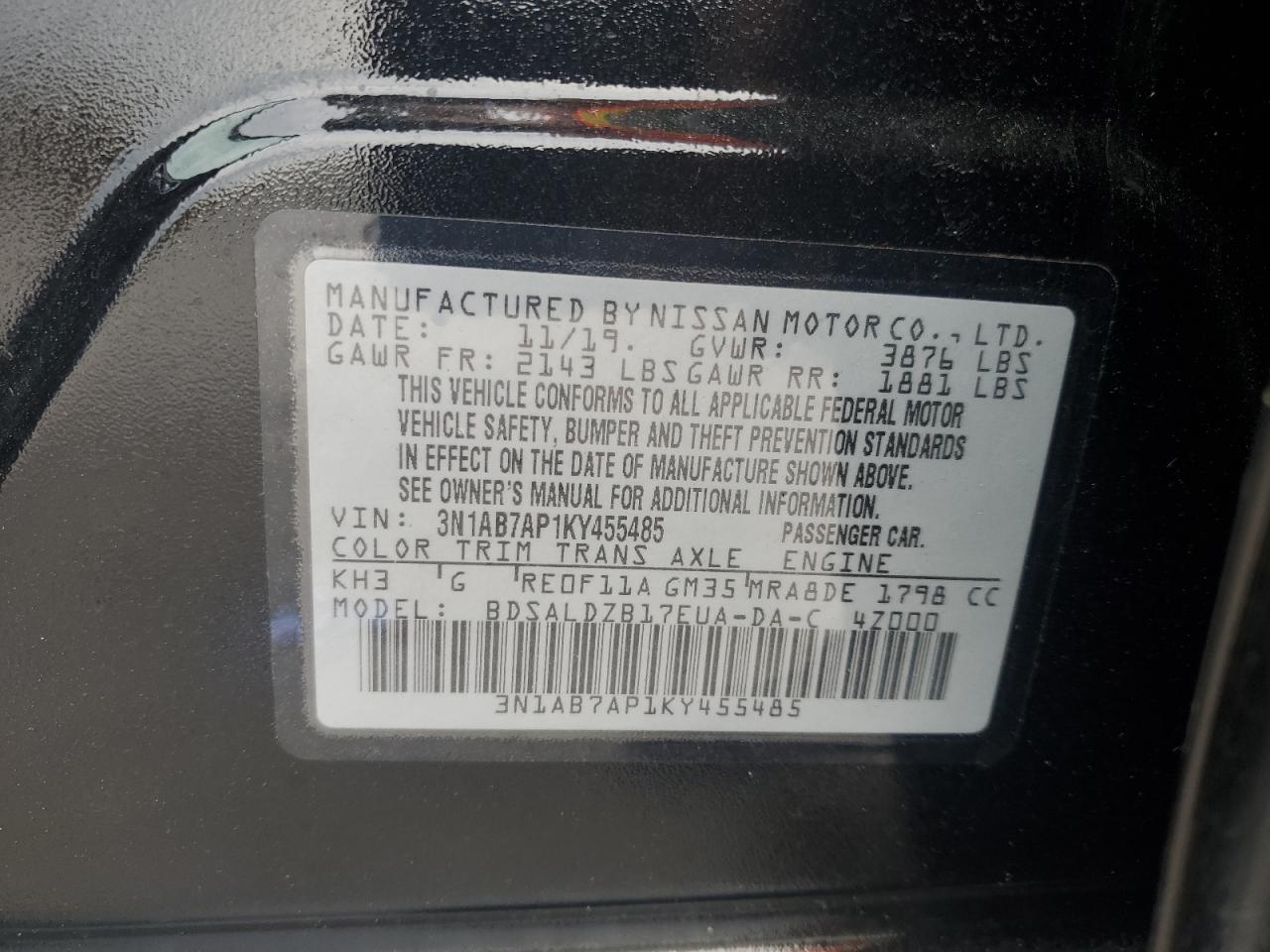 3N1AB7AP1KY455485 2019 Nissan Sentra S