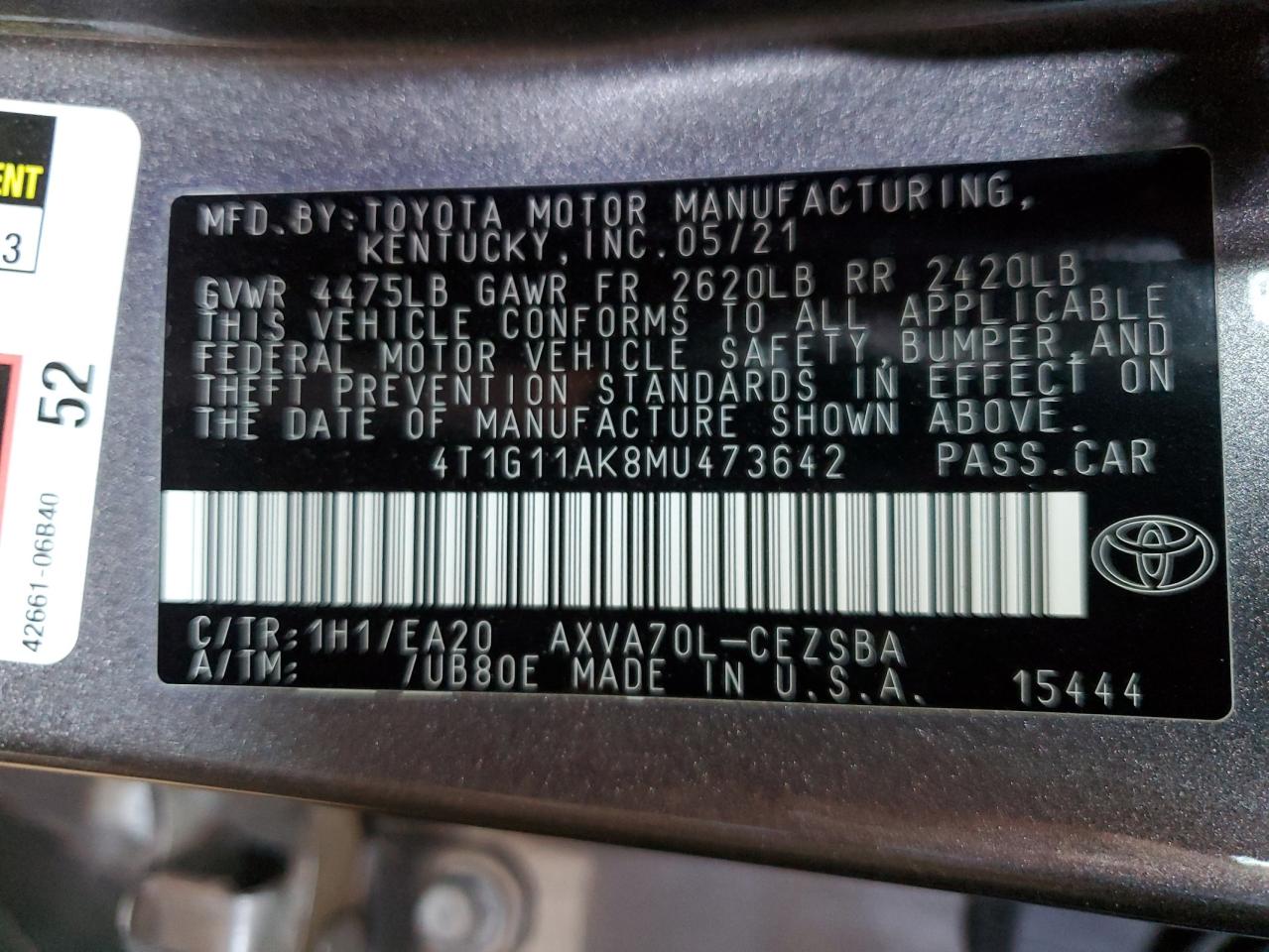 2021 Toyota Camry Se VIN: 4T1G11AK8MU473642 Lot: 71674394