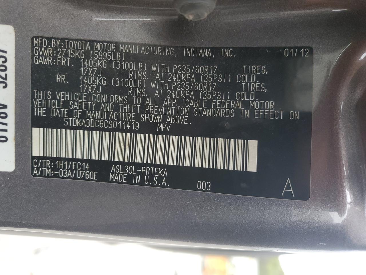 5TDKA3DC6CS011419 2012 Toyota Sienna Base