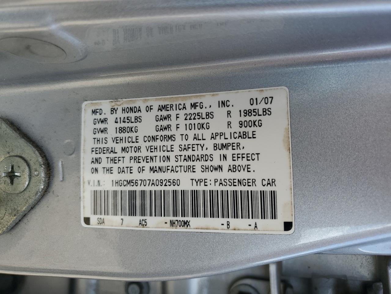 1HGCM56707A092560 2007 Honda Accord Ex