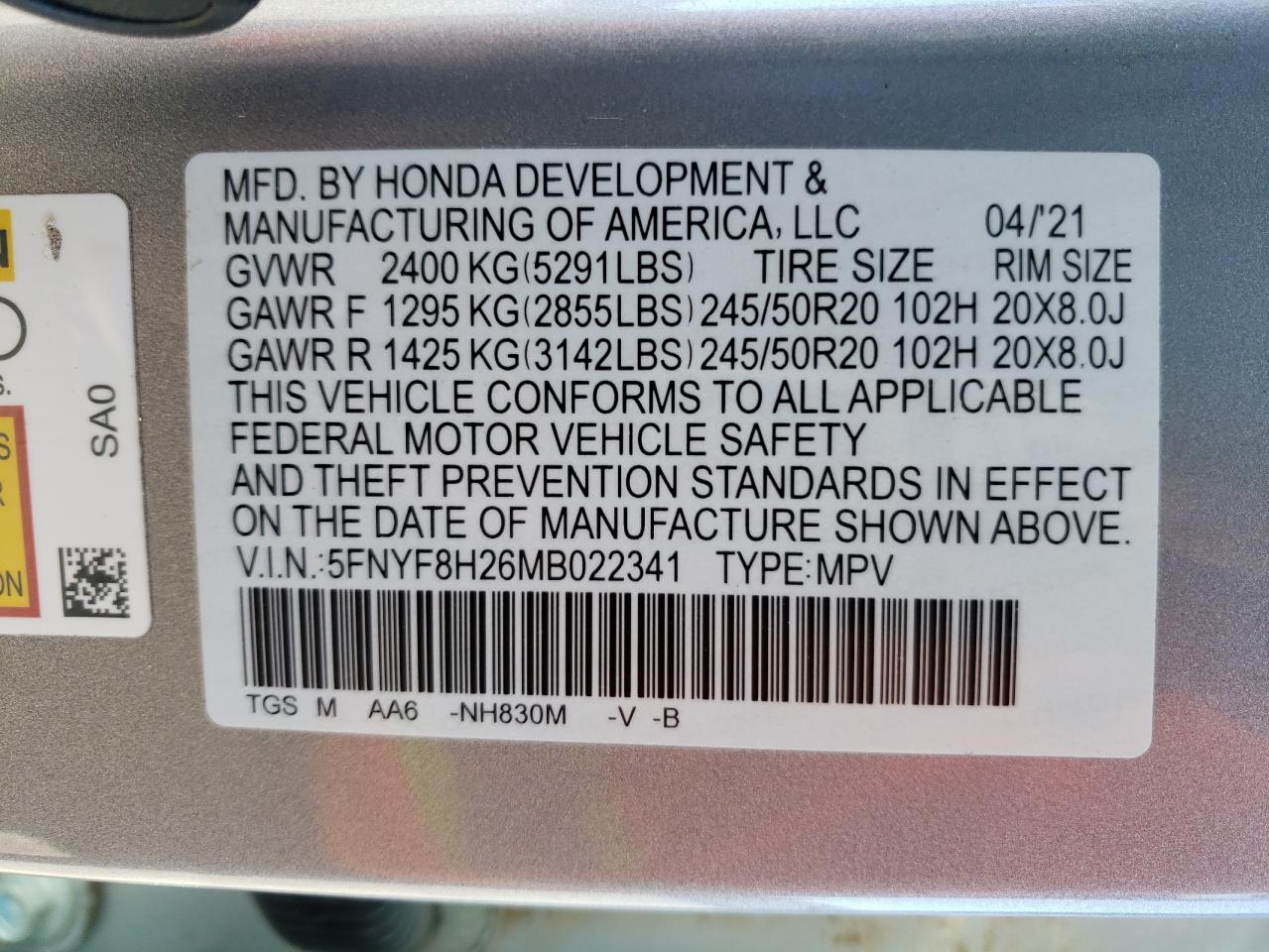 5FNYF8H26MB022341 2021 Honda Passport Sport