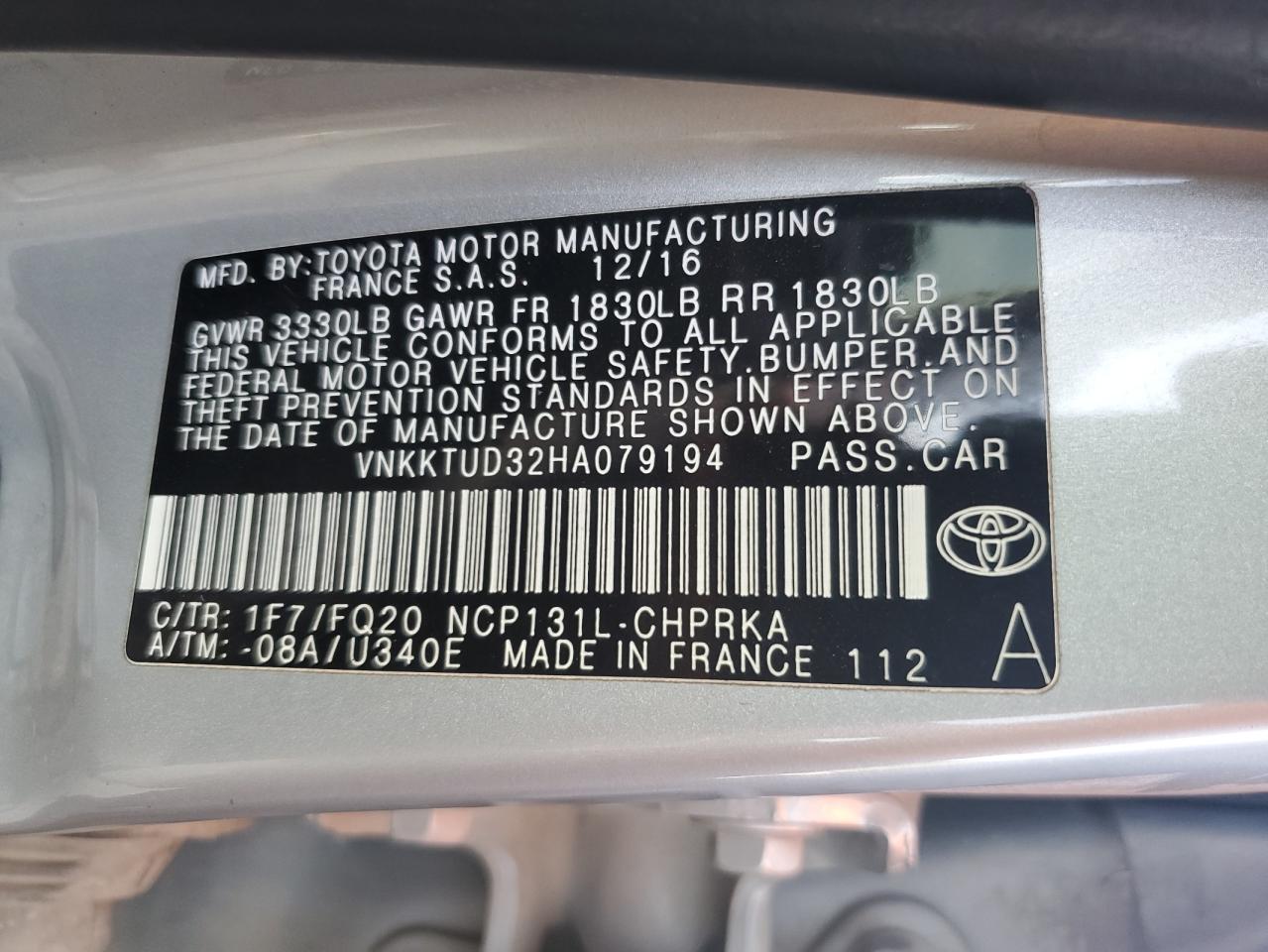 VNKKTUD32HA079194 2017 Toyota Yaris L