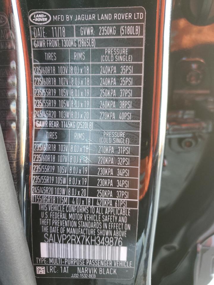 2019 Land Rover Range Rover Evoque Se VIN: SALVP2RX7KH349876 Lot: 70534334