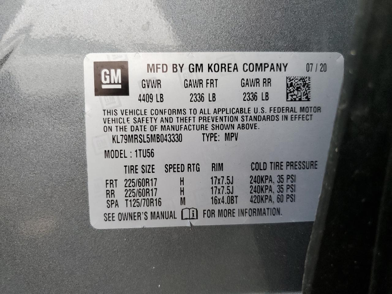 KL79MRSL5MB043330 2021 Chevrolet Trailblazer Lt