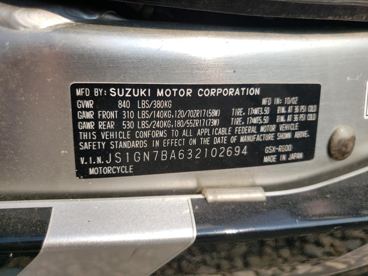 JS1GN7BA632102694 2003 Suzuki Gsx-R600