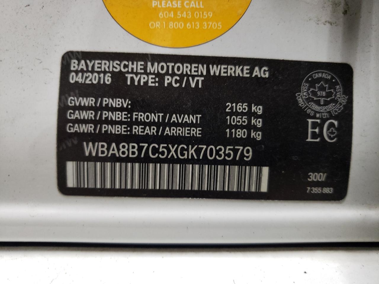 WBA8B7C5XGK703579 2016 BMW 340 Xi