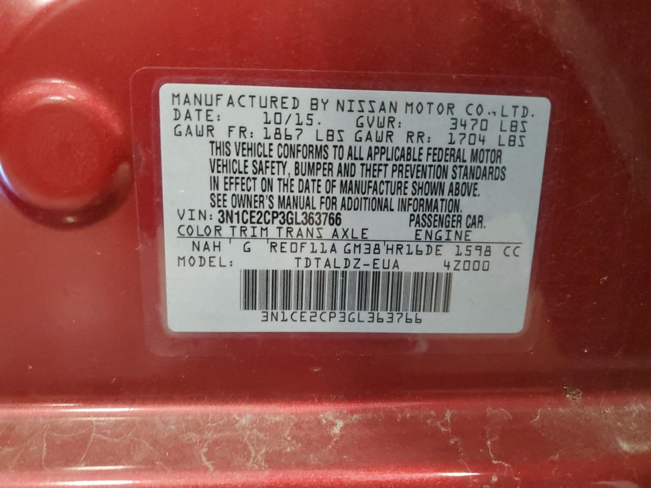 3N1CE2CP3GL363766 2016 Nissan Versa Note S