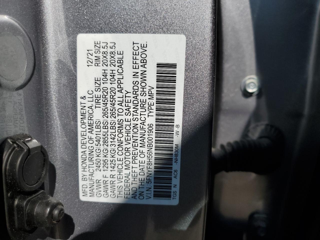 5FNYF8H56NB001906 2022 Honda Passport Exl