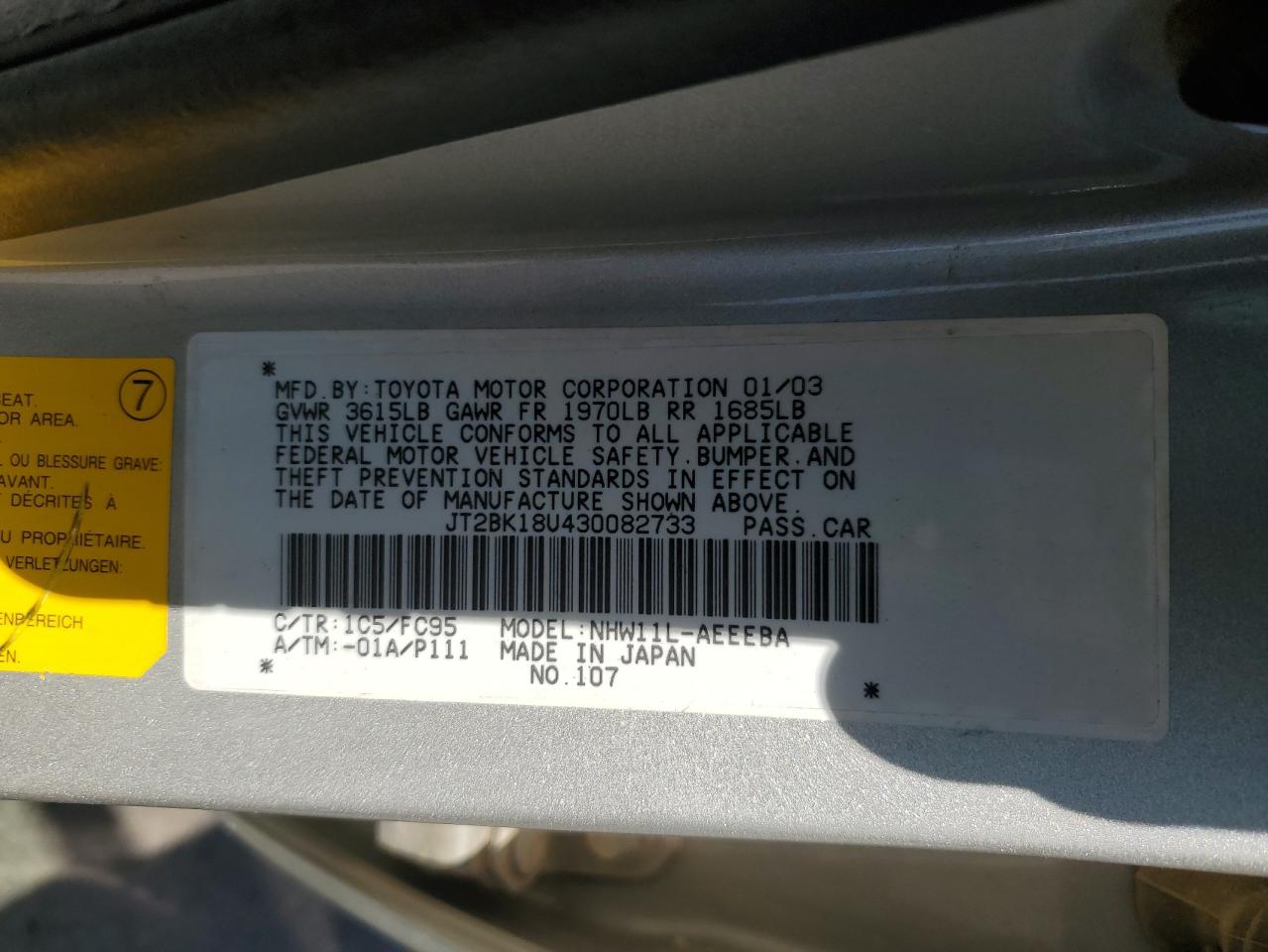 JT2BK18U430082733 2003 Toyota Prius