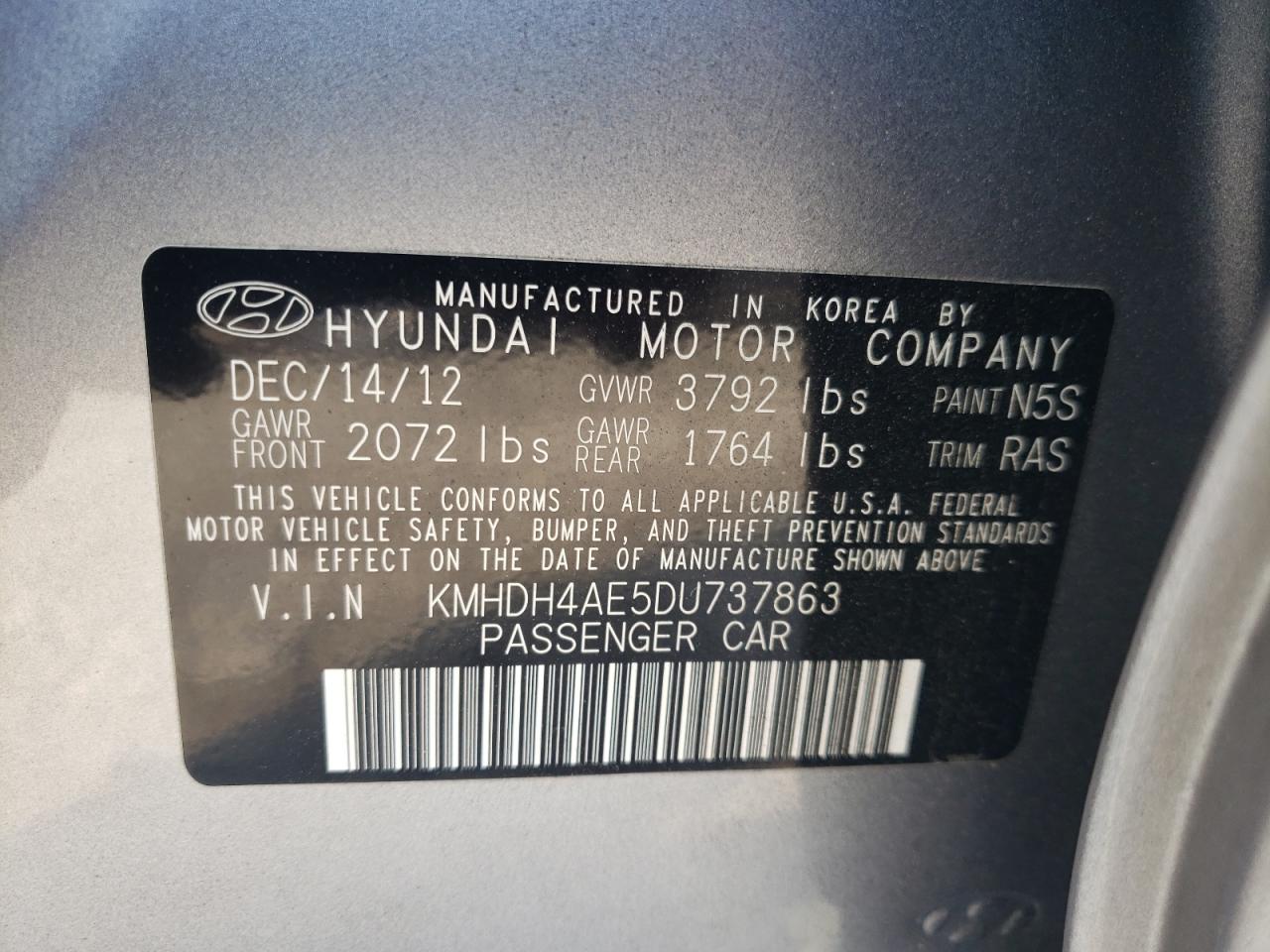 KMHDH4AE5DU737863 2013 Hyundai Elantra Gls