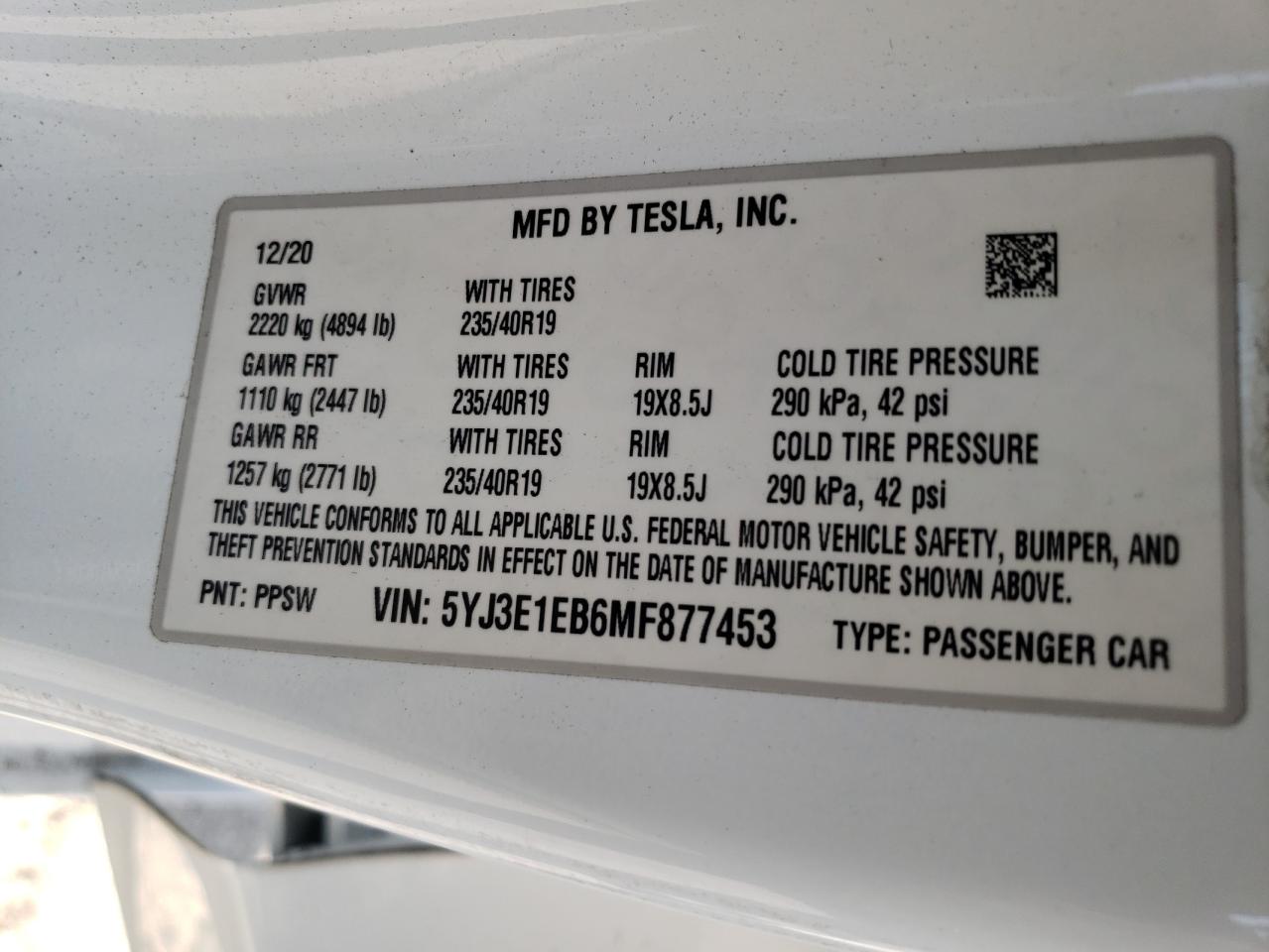 5YJ3E1EB6MF877453 2021 Tesla Model 3