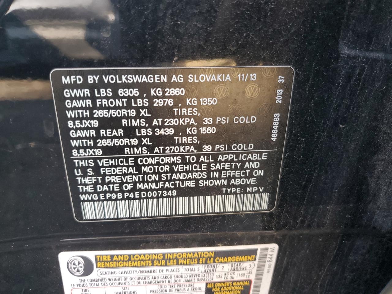 WVGEP9BP4ED007349 2014 Volkswagen Touareg V6 Tdi