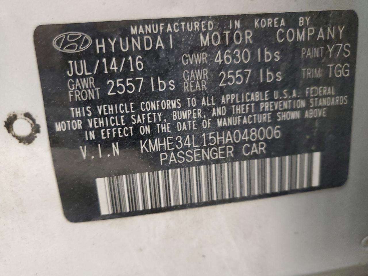 2017 Hyundai Sonata Hybrid VIN: KMHE34L15HA048006 Lot: 69826364