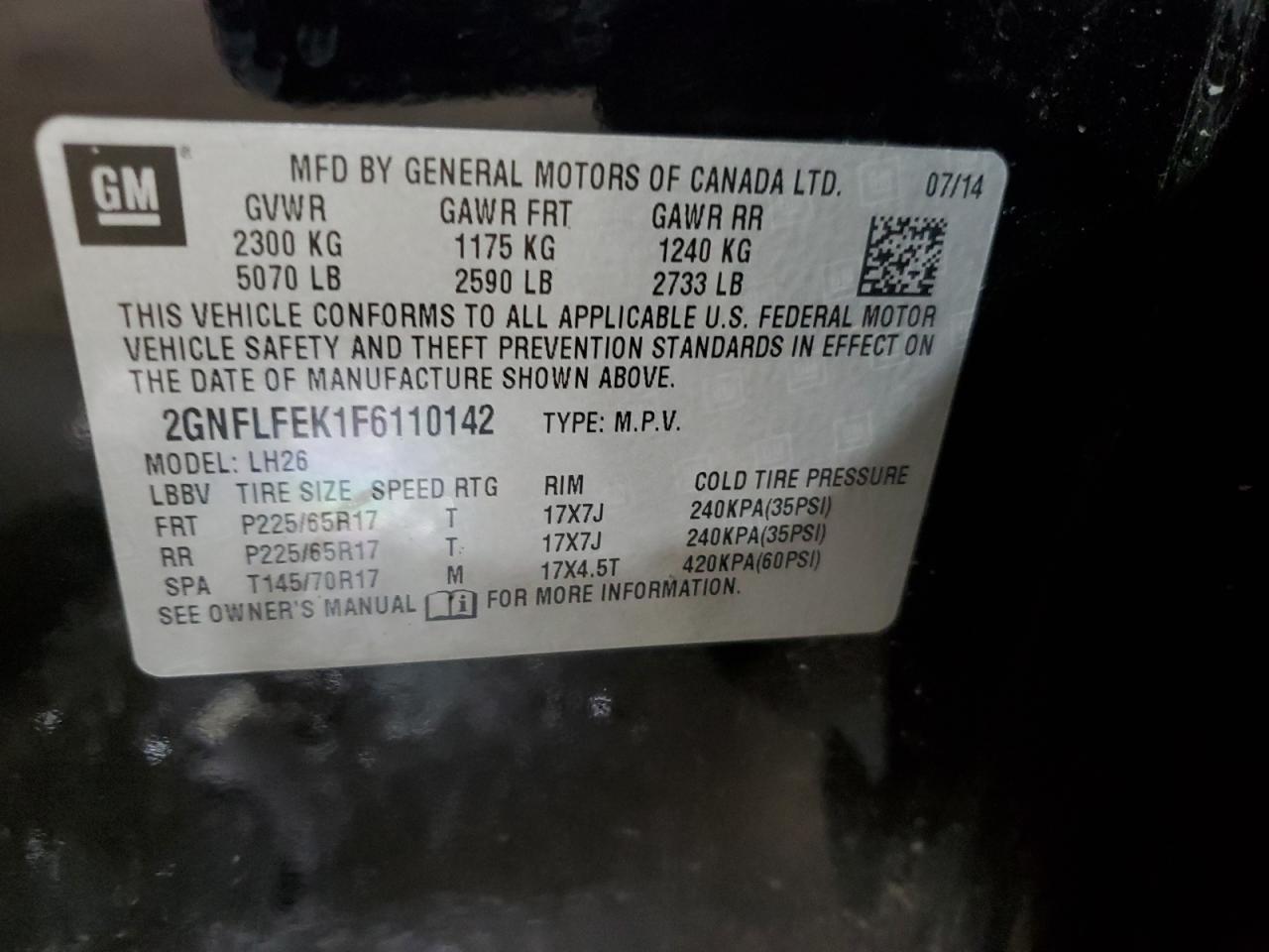 2GNFLFEK1F6110142 2015 Chevrolet Equinox Lt