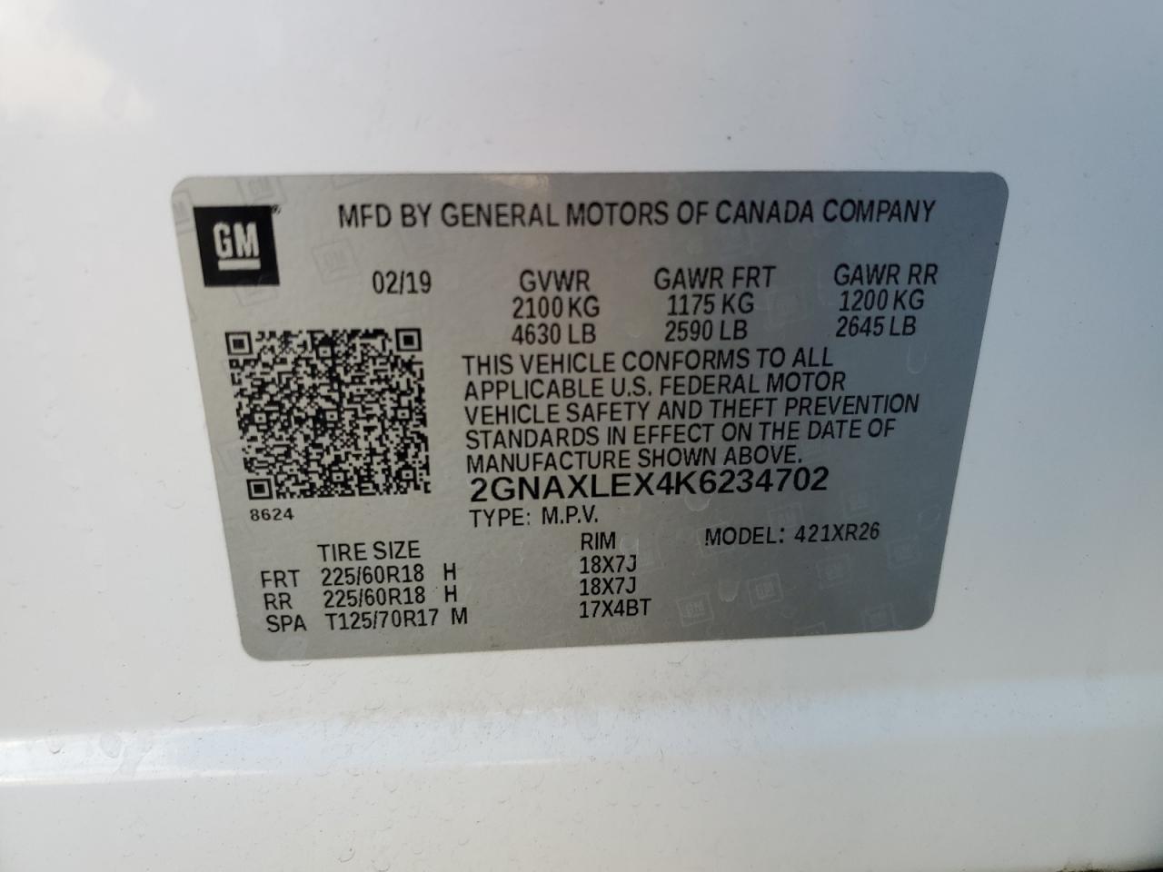 2GNAXLEX4K6234702 2019 Chevrolet Equinox Lt