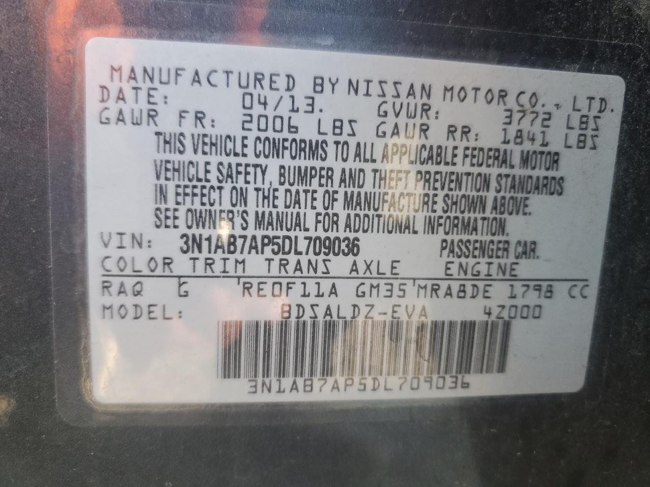 2013 Nissan Sentra S VIN: 3N1AB7AP5DL709036 Lot: 70115854