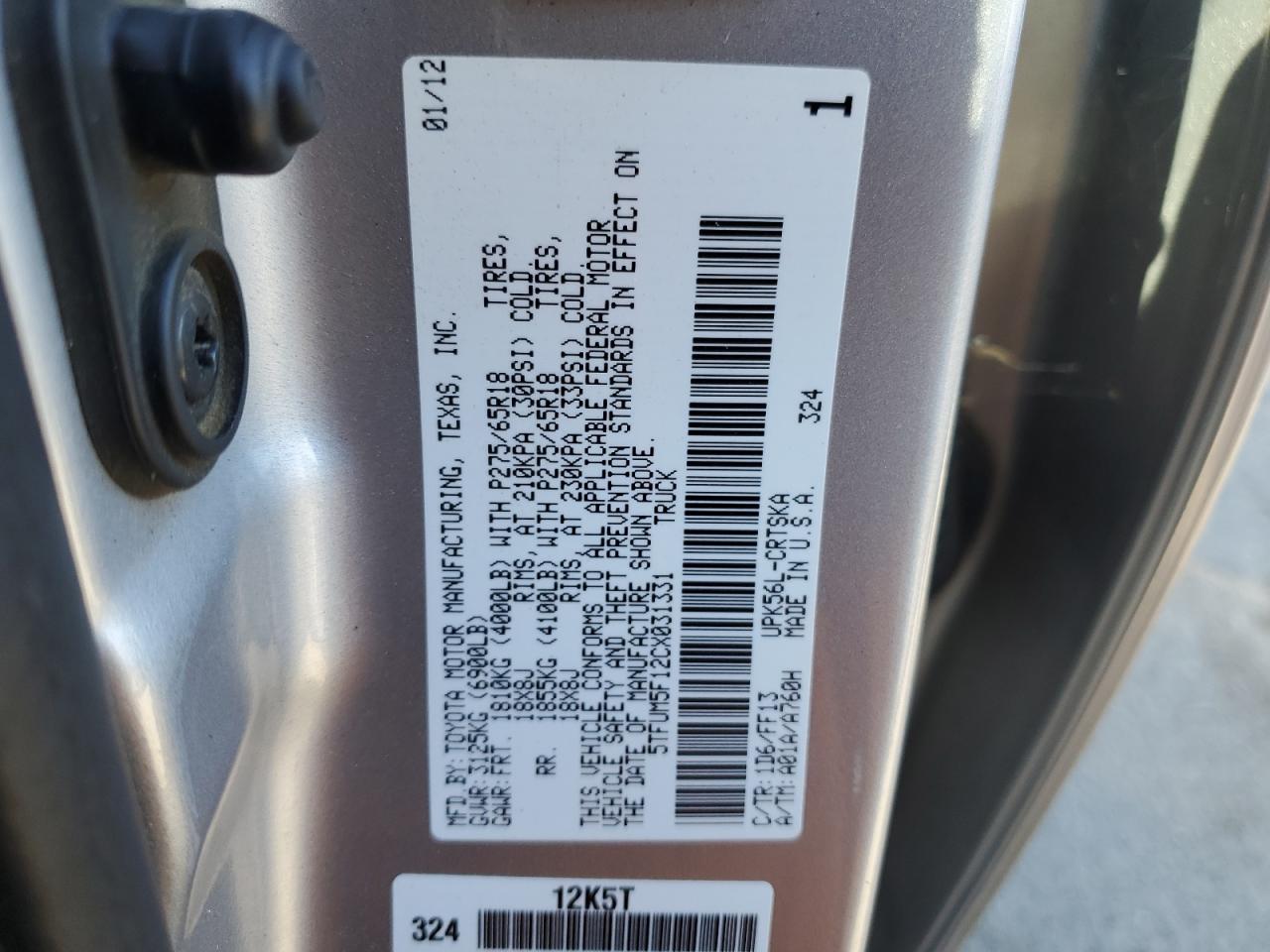 5TFUM5F12CX031331 2012 Toyota Tundra Double Cab Sr5