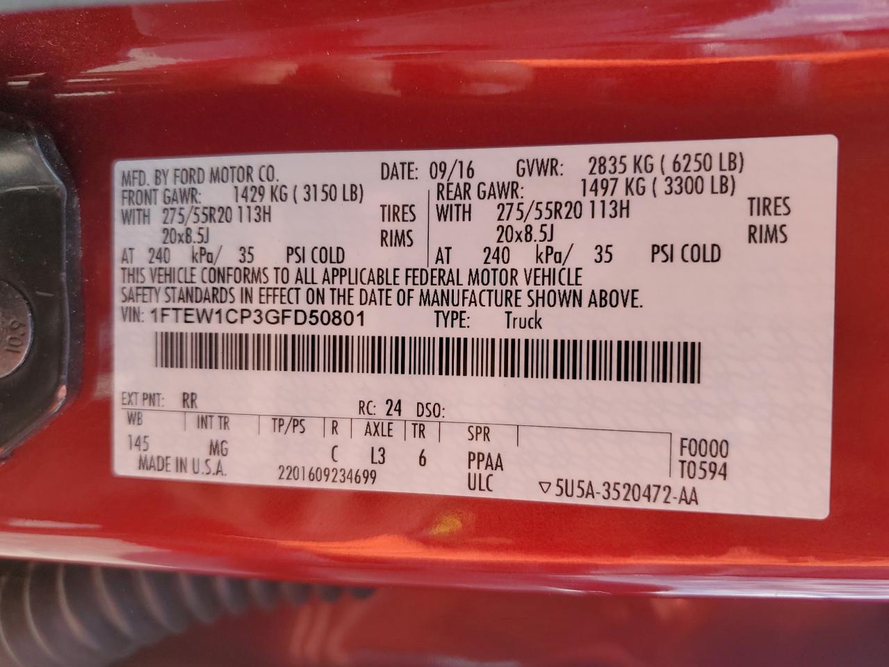 2016 Ford F150 Supercrew VIN: 1FTEW1CP3GFD50801 Lot: 72356804