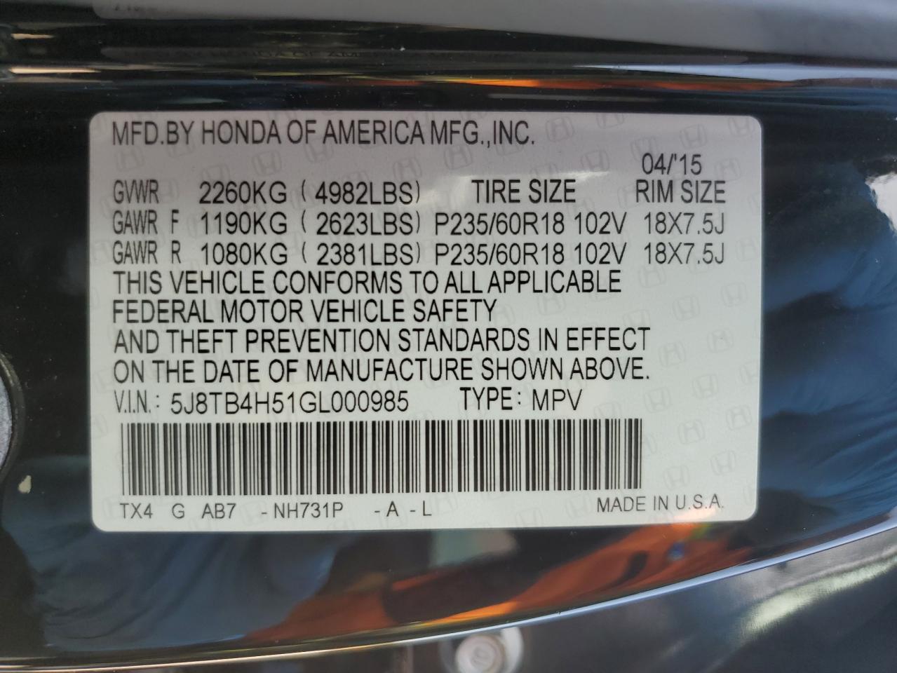 5J8TB4H51GL000985 2016 Acura Rdx Technology