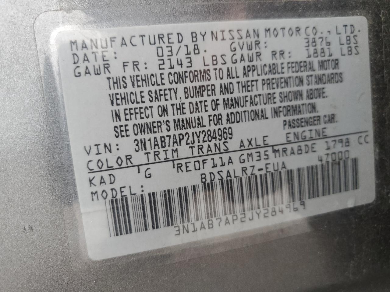 3N1AB7AP2JY284969 2018 Nissan Sentra S