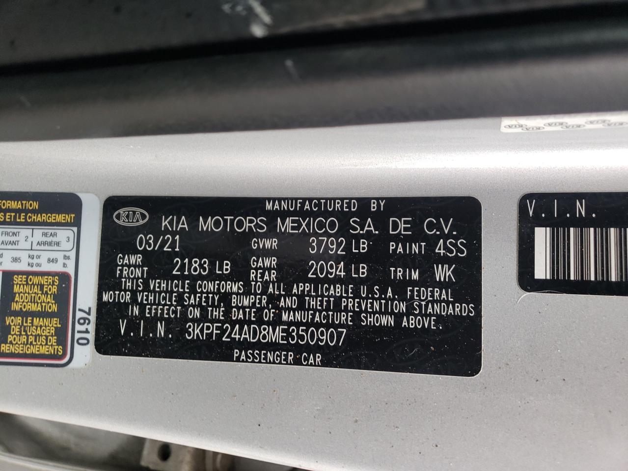 3KPF24AD8ME350907 2021 Kia Forte Fe