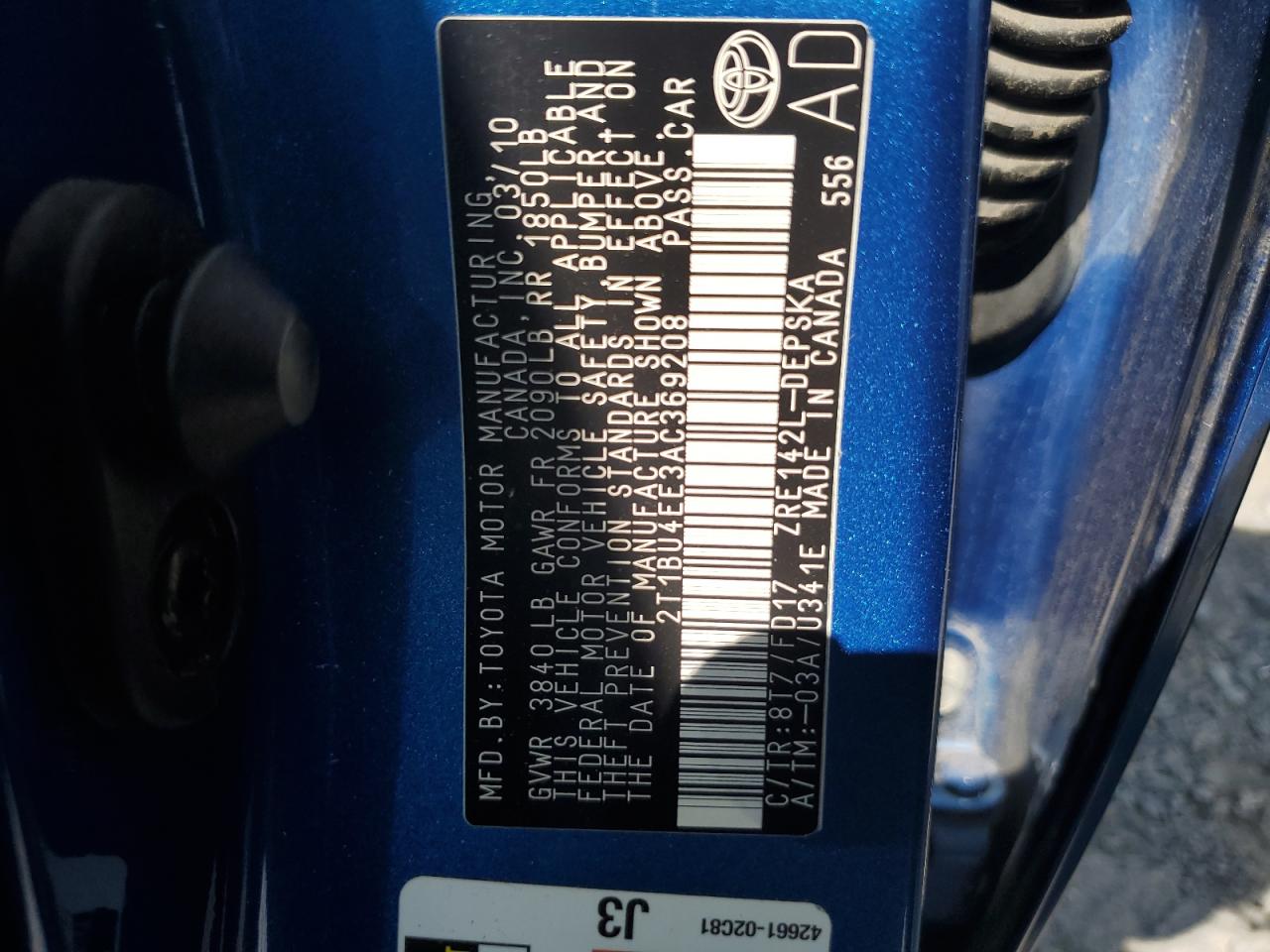 2010 Toyota Corolla Base VIN: 2T1BU4EE3AC369208 Lot: 70659454