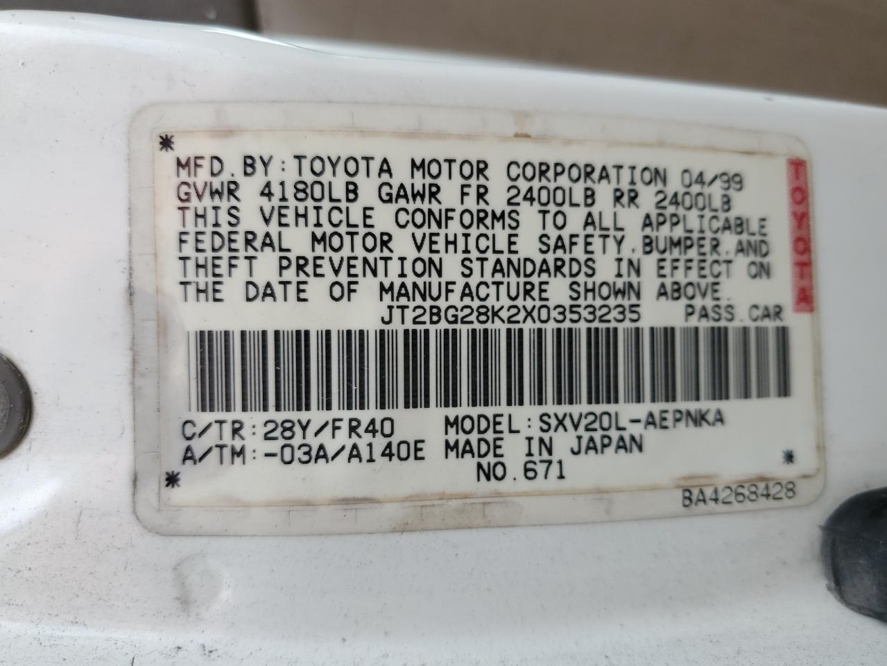 1999 Toyota Camry Le VIN: JT2BG28K2X0353235 Lot: 50685075