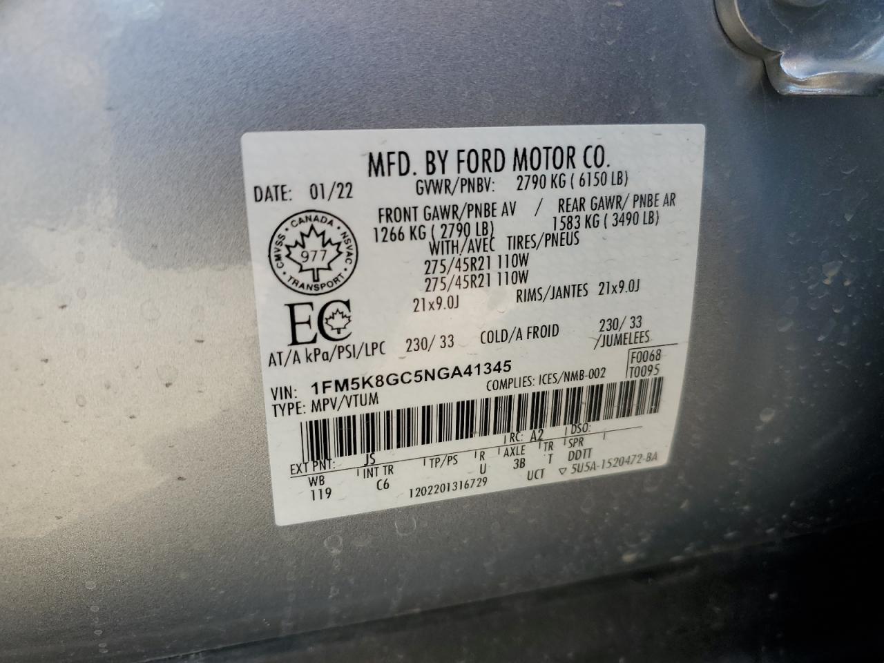 2022 Ford Explorer St VIN: 1FM5K8GC5NGA41345 Lot: 72502614