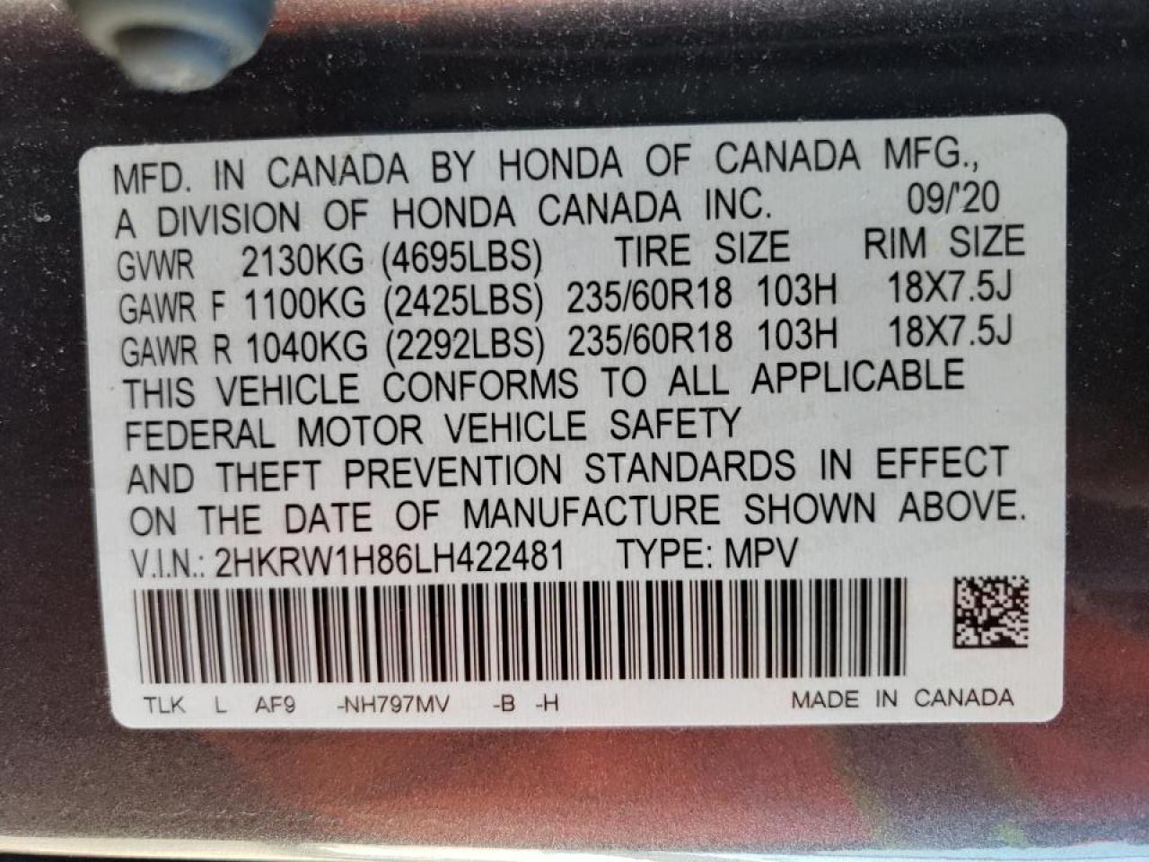 2020 Honda Cr-V Exl VIN: 2HKRW1H86LH422481 Lot: 69862434