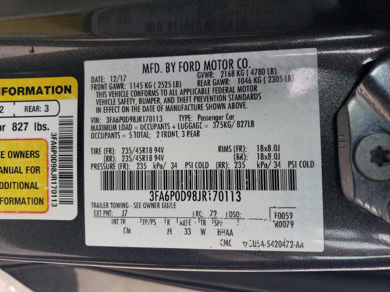 3FA6P0D98JR170113 2018 Ford Fusion Titanium/Platinum